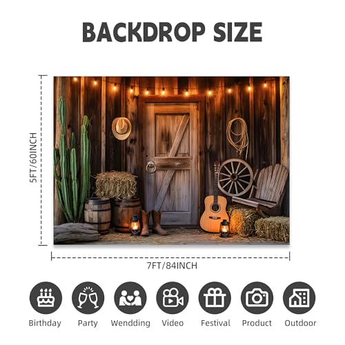 Dormirpilow Western Cowboy Backdrop 7x5ft, Washable Polyester Wild West Party Decorations with Metal Rings & 20ft Ribbon, Rustic Barn Rodeo Birthday Photography Background for Photo Booth Props - Image 2