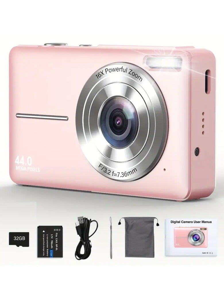 LIMOS Digital Camera, FHD 1080P Kids Camera, 44MP Point and Shoot Digital Cameras with 32GB Memory Card and Two Batteries, 16X Zoom , Lanyard, Compact Size Camera, Gift for Boys/Girls (Pink)  - Image 1
