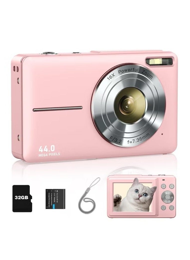 LIMOS Digital Camera, FHD 1080P Kids Camera, 44MP Point and Shoot Digital Cameras with 32GB Memory Card and Two Batteries, 16X Zoom , Lanyard, Compact Size Camera, Gift for Boys/Girls (Pink)  - Image 2