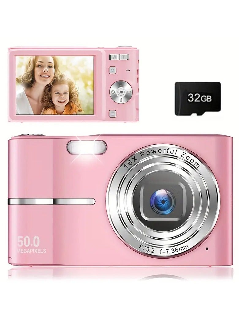LIMOS Digital Camera, FHD 1080P Kids Camera, 44MP Point and Shoot Digital Cameras with 32GB Memory Card and Two Batteries, 16X Zoom , Lanyard, Compact Size Camera, Gift for Boys/Girls (Pink)  - Image 3