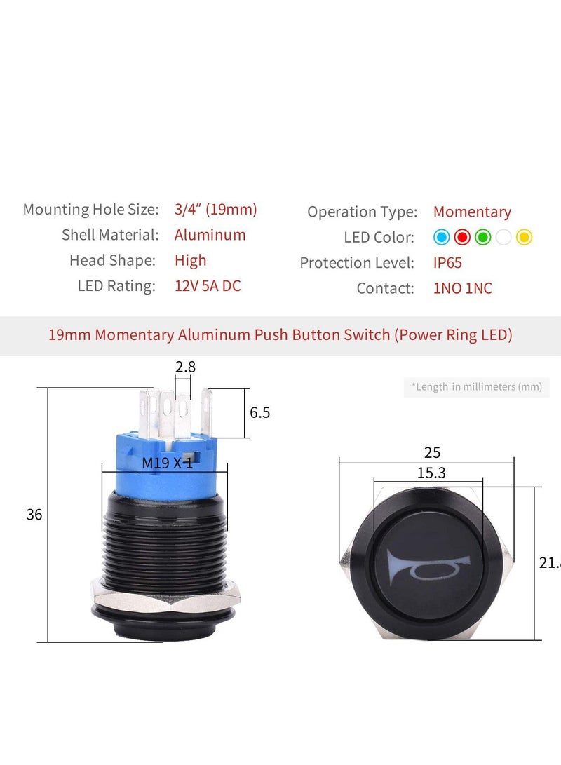 MUNTAQI 19mm 12V Momentary Speaker Horn Push on Toggle Switch 3/4 Mounting Hole 1NO 1NC SPDT with Pre-Wiring Socket for Car Auto Motor Aluminium Alloy, Push on Latching Switch (Blue/Black Shell) - Image 2