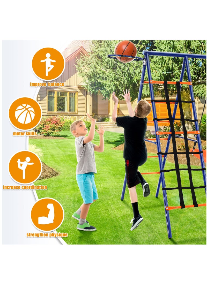 XiuWoo Swing Set for Backyard 6 in 1 Multifunction Kids Swing Set Heavy Duty 550 lbs Outdoor Extra Large Metal Swing Frame with 3 Adjustable Swing Climbing Net Ladder Basketball Hoop - Image 4