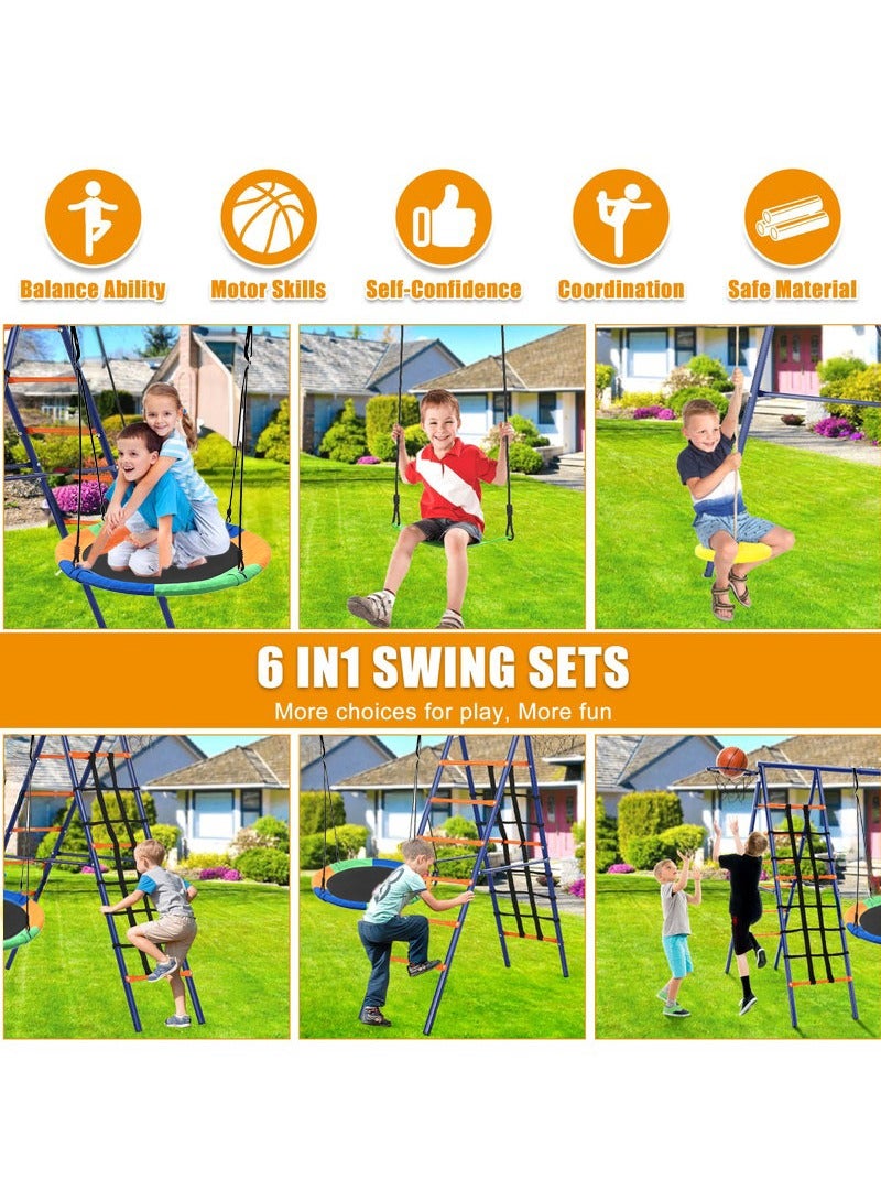XiuWoo Swing Set for Backyard 6 in 1 Multifunction Kids Swing Set Heavy Duty 550 lbs Outdoor Extra Large Metal Swing Frame with 3 Adjustable Swing Climbing Net Ladder Basketball Hoop - Image 2