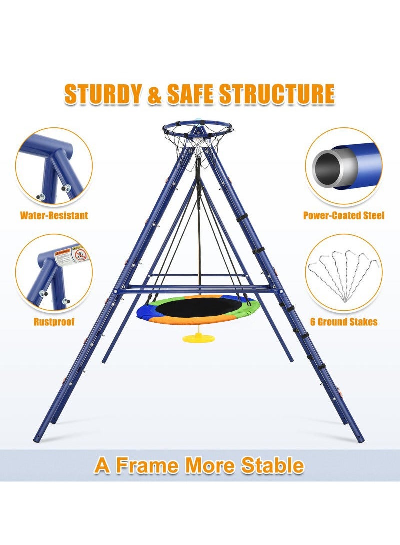 XiuWoo Swing Set for Backyard 6 in 1 Multifunction Kids Swing Set Heavy Duty 550 lbs Outdoor Extra Large Metal Swing Frame with 3 Adjustable Swing Climbing Net Ladder Basketball Hoop - Image 5