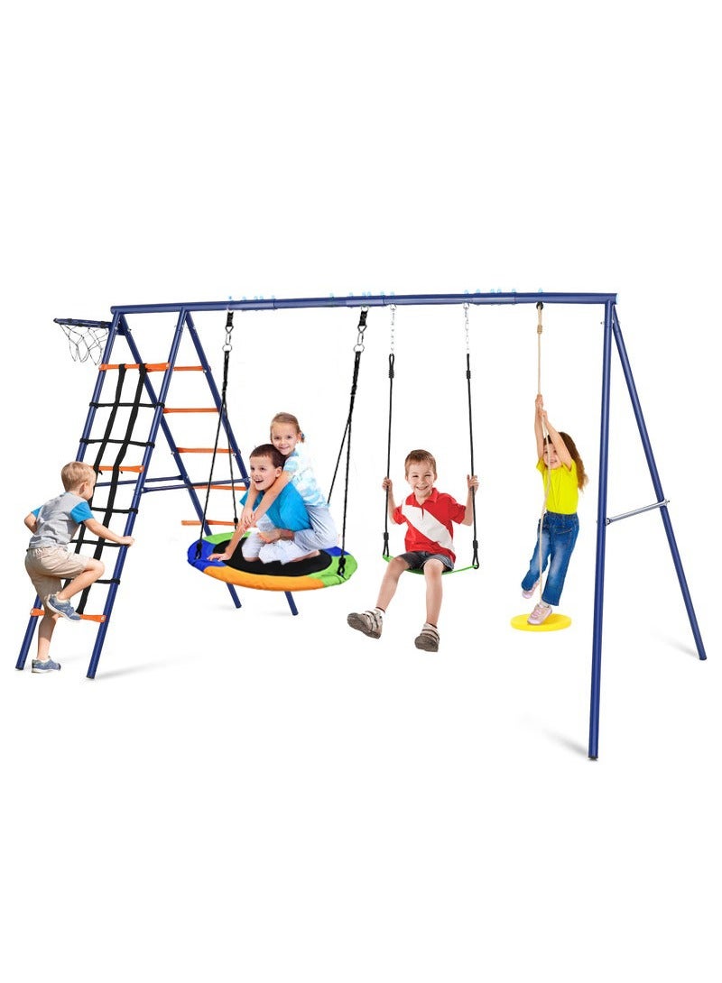 XiuWoo Swing Set for Backyard 6 in 1 Multifunction Kids Swing Set Heavy Duty 550 lbs Outdoor Extra Large Metal Swing Frame with 3 Adjustable Swing Climbing Net Ladder Basketball Hoop - Image 1