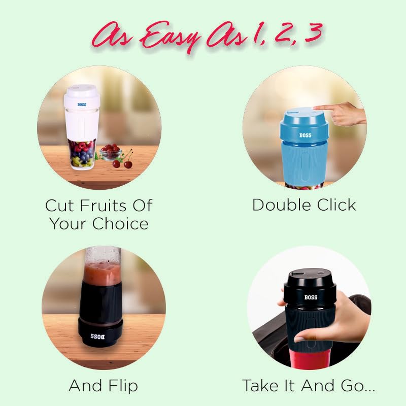 BOSS زجاجة الخلاط المحمولة من بوس USB للعصائر، المخفوقات والحليب، ببطارية قابلة لإعادة الشحن مع محرك 30 واط، 500 مل، مزودة بوعاء مدمج، أزرق - Image 2