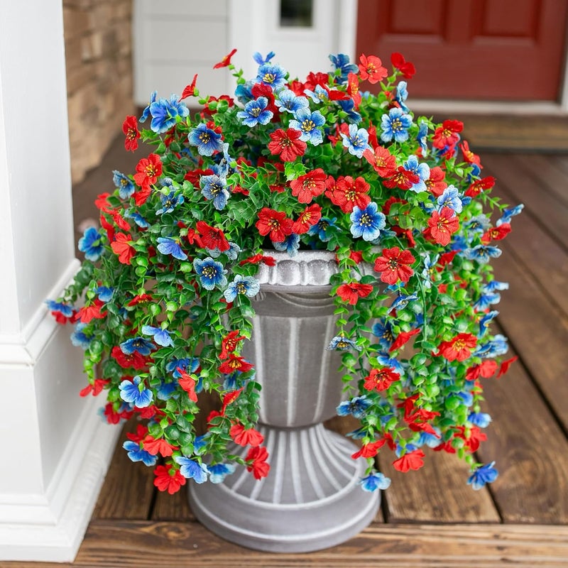 HyeFlora Faux Flowers for Outdoors Decoration, 2Pcs Artificial Fake Hanging Spring Summer Decor, Red and Blue Realistic Plants, UV & Fading Resistant Silk Flower for Porch Patio Balcony Planter Yard - Image 5