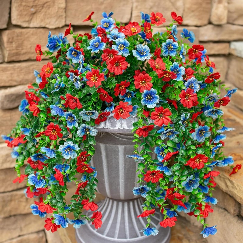 HyeFlora Faux Flowers for Outdoors Decoration, 2Pcs Artificial Fake Hanging Spring Summer Decor, Red and Blue Realistic Plants, UV & Fading Resistant Silk Flower for Porch Patio Balcony Planter Yard - Image 1