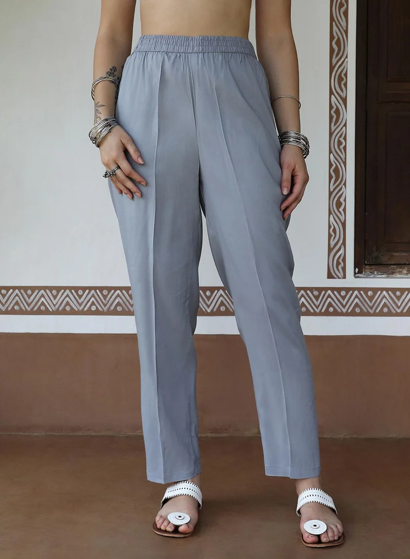 QISSA Women's Slate Blue Geometric Ethnic Print Kurta With Slate Blue Trousers Set