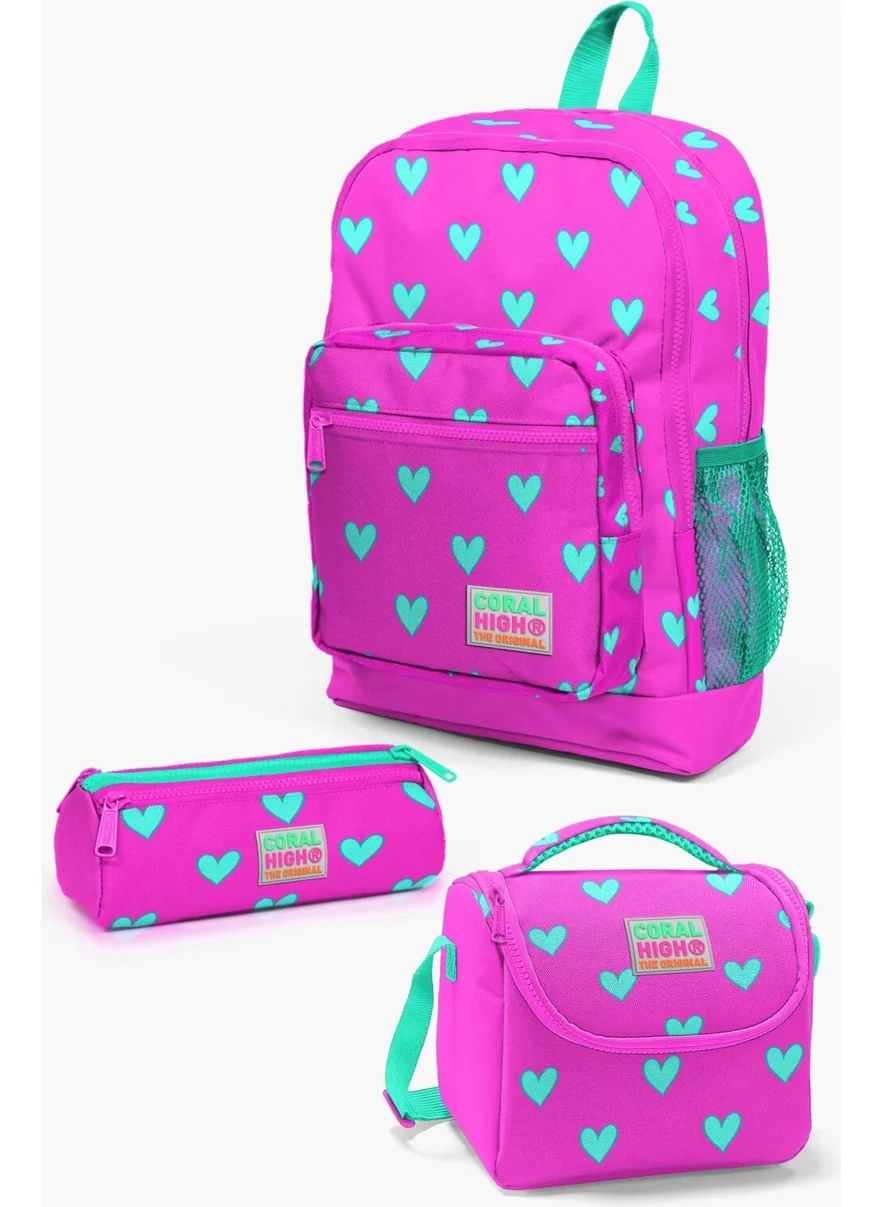 كورال هاي Kids Neon Pink Water Green Heart Patterned 3-Piece School Bag Set SET0123113