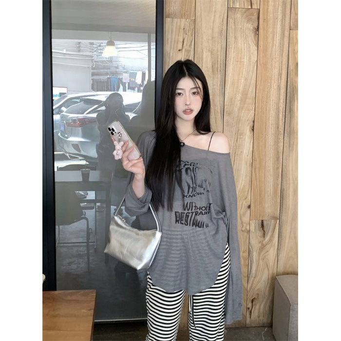 American High Street Off-Shoulder Printed T-Shirt For Women In Summer, Lazy Style, Loose One-Shoulder Blouse, Tulle Sun Protection - Image 1