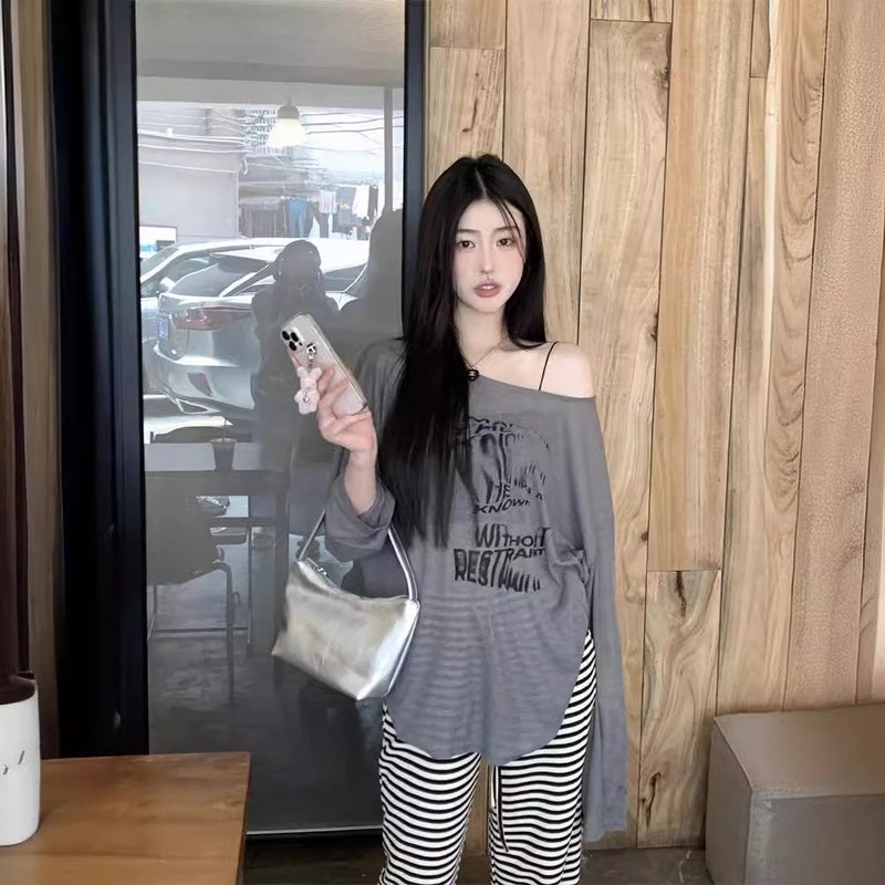 American High Street Off-Shoulder Printed T-Shirt For Women In Summer, Lazy Style, Loose One-Shoulder Blouse, Tulle Sun Protection - Image 2
