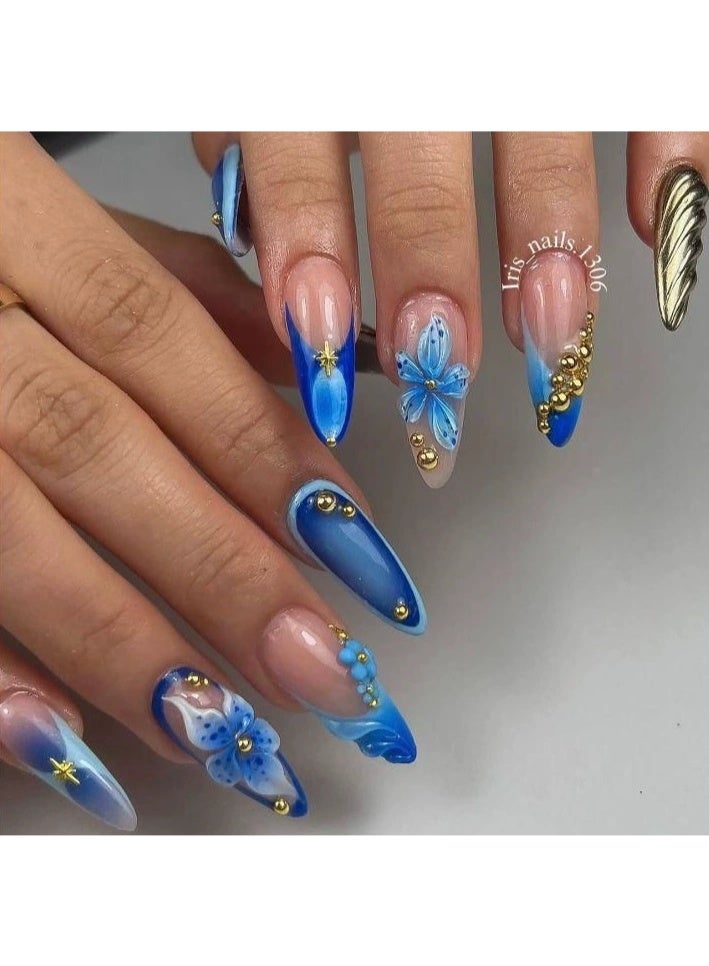Goolsky Premium Long Stiletto Press-on Nails with 3D Blue Floral, Star & Gold Beads for Dreamy Glamour - Image 1