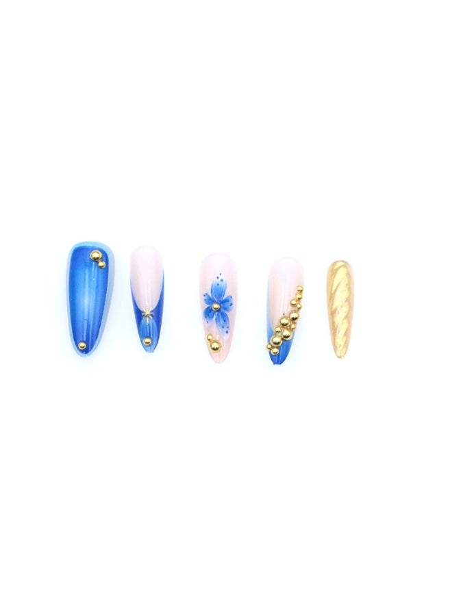 Goolsky Premium Long Stiletto Press-on Nails with 3D Blue Floral, Star & Gold Beads for Dreamy Glamour - Image 4