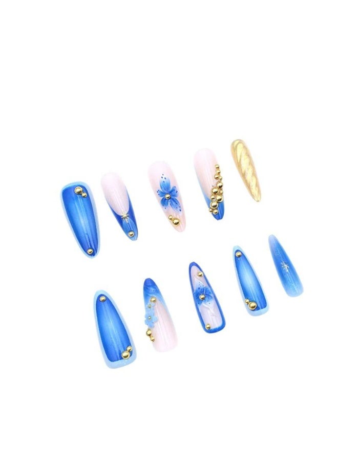 Goolsky Premium Long Stiletto Press-on Nails with 3D Blue Floral, Star & Gold Beads for Dreamy Glamour - Image 3