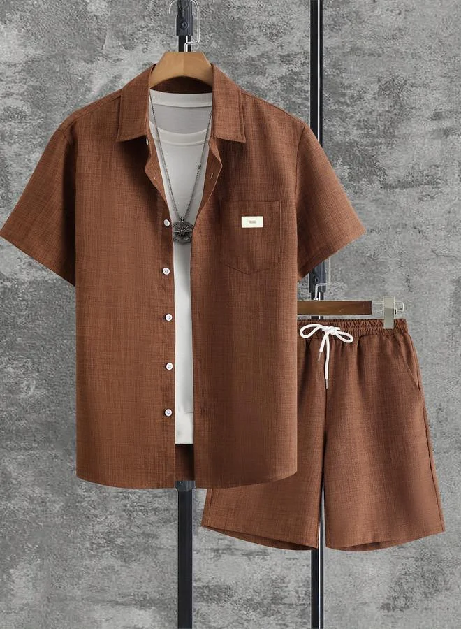 Take Two Men Brown Textured Short Sleeve Button Front Shirt and Shorts Co-Ords