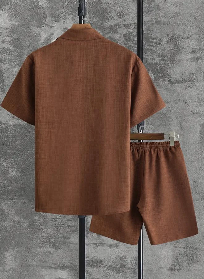 Take Two Men Brown Textured Short Sleeve Button Front Shirt and Shorts Co-Ords