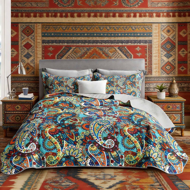 UEVBF Boho Style King Quilt Set,Bohemian Floral Quilt Beddding Set for Adults,Soft and Lightweight Bed Set for All Season,Colorful Quilted Beddding with 2 Pillowcases. - Image 1