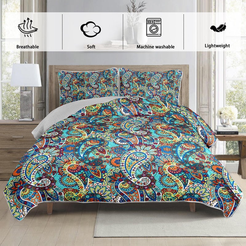 UEVBF Boho Style King Quilt Set,Bohemian Floral Quilt Beddding Set for Adults,Soft and Lightweight Bed Set for All Season,Colorful Quilted Beddding with 2 Pillowcases. - Image 3