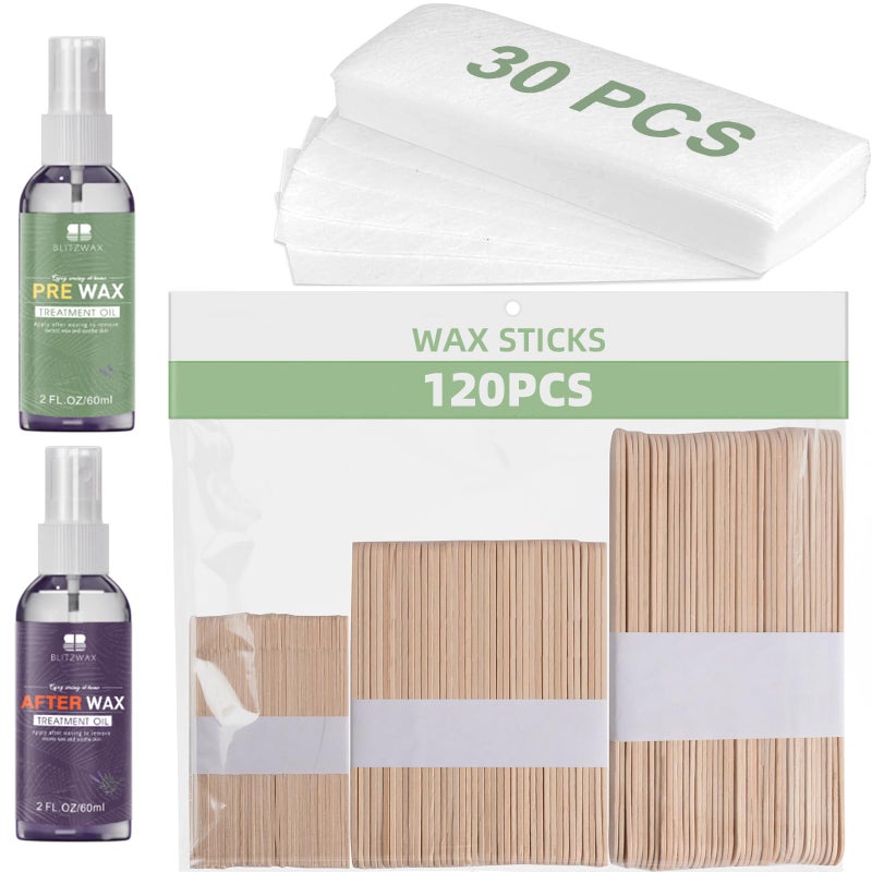 BLITZWAX مجموعة عصي الشمع الخشبية BLITZWAX 120 قطعة لإزالة الشعر بالشمع الصلب، أدوات تطبيق كبيرة وصغيرة للحواجب للوجه والجسم والشفتين، مع 30 ورقة شمع وزيوت، مثالية لعملية الشمع في المنزل للنساء - Image 1