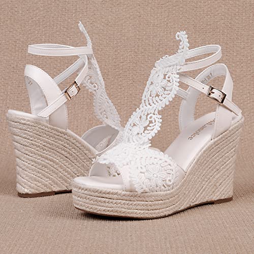 MiLanolce Women's Platform Sandals Wedge Open Toe Ankle Strap lace Wedding Shoes Bridesmaid Shoes,White,Size-6 - Image 4