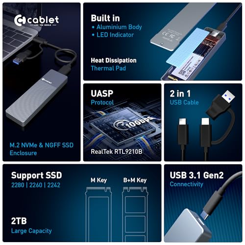 Cablet M.2 NVMe/NGFF SSD Enclosure USB 3.1 Gen2 10Gbps for 2242/2260/2280 M-Key/M+B Key PCIe SSD, Supports Dual Protocol NVMe and NGFF SSD, UASP Max 2TB, Aluminium Case - Image 4