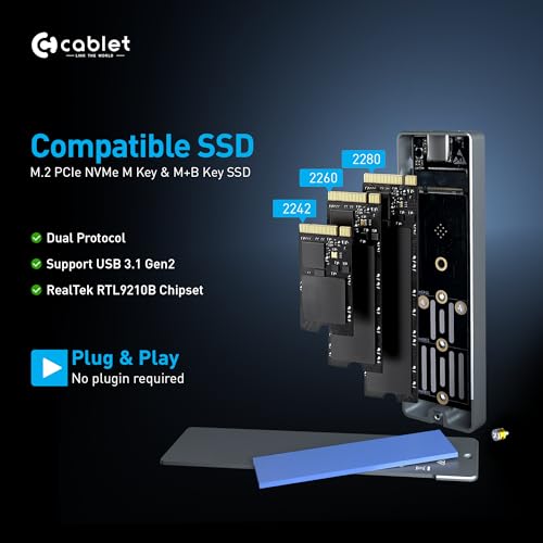 Cablet M.2 NVMe/NGFF SSD Enclosure USB 3.1 Gen2 10Gbps for 2242/2260/2280 M-Key/M+B Key PCIe SSD, Supports Dual Protocol NVMe and NGFF SSD, UASP Max 2TB, Aluminium Case - Image 5