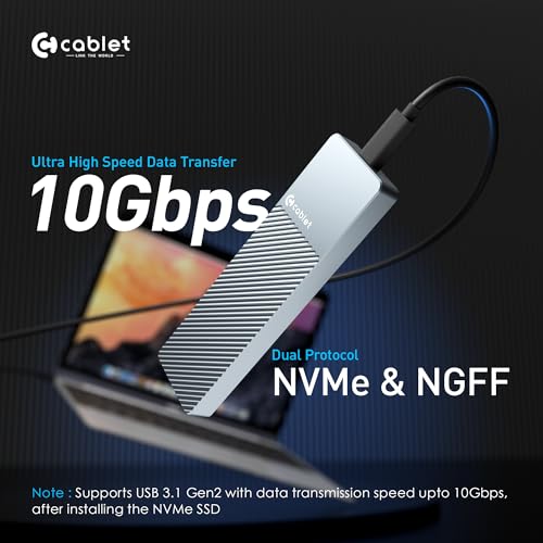 Cablet M.2 NVMe/NGFF SSD Enclosure USB 3.1 Gen2 10Gbps for 2242/2260/2280 M-Key/M+B Key PCIe SSD, Supports Dual Protocol NVMe and NGFF SSD, UASP Max 2TB, Aluminium Case - Image 2