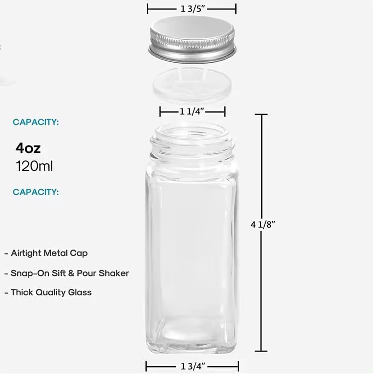 CASADELIGHT Square Glass Spice Jars 120 ml Clear Glass Square Spice Jar Black Sifter Two Sided Sifter Capshaker holespour open and Freshness Seal Silver 6 - Image 2
