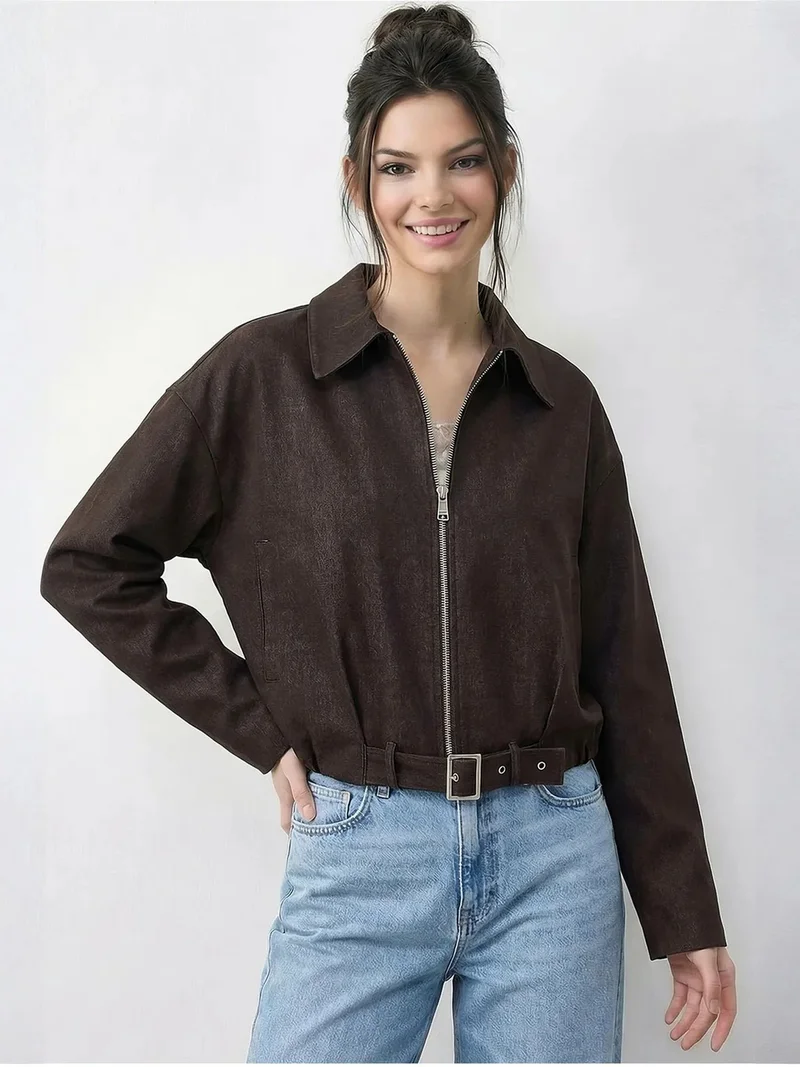 بيانكو لوتشي LUCCI Oversized Denim Bomber Jacket with Belt
