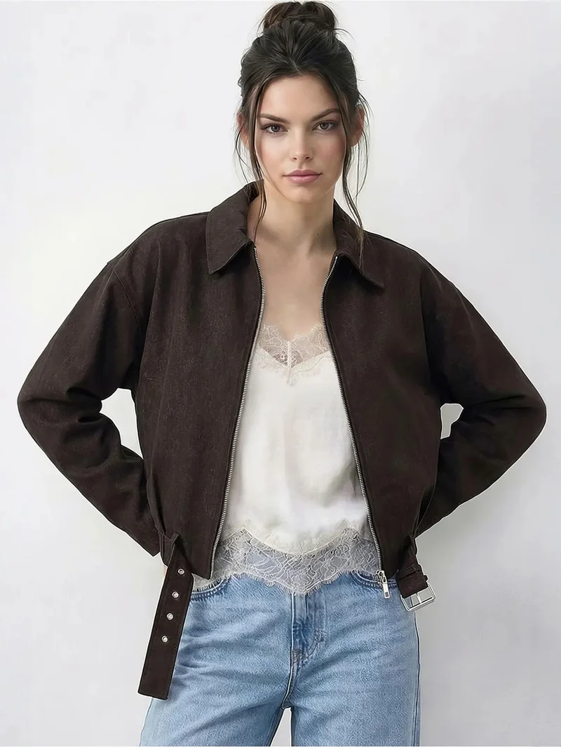 بيانكو لوتشي LUCCI Oversized Denim Bomber Jacket with Belt