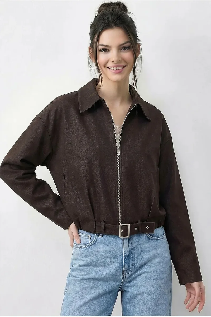 بيانكو لوتشي LUCCI Oversized Denim Bomber Jacket with Belt