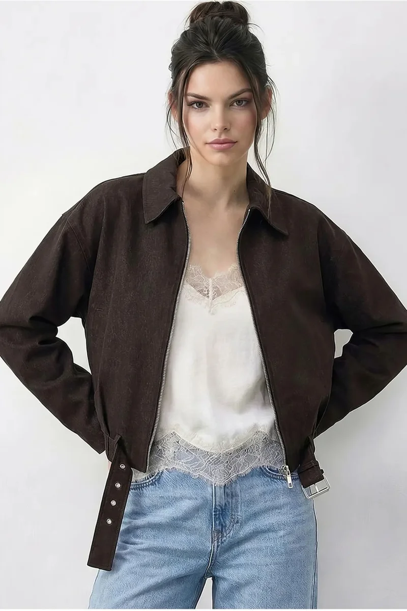 بيانكو لوتشي LUCCI Oversized Denim Bomber Jacket with Belt