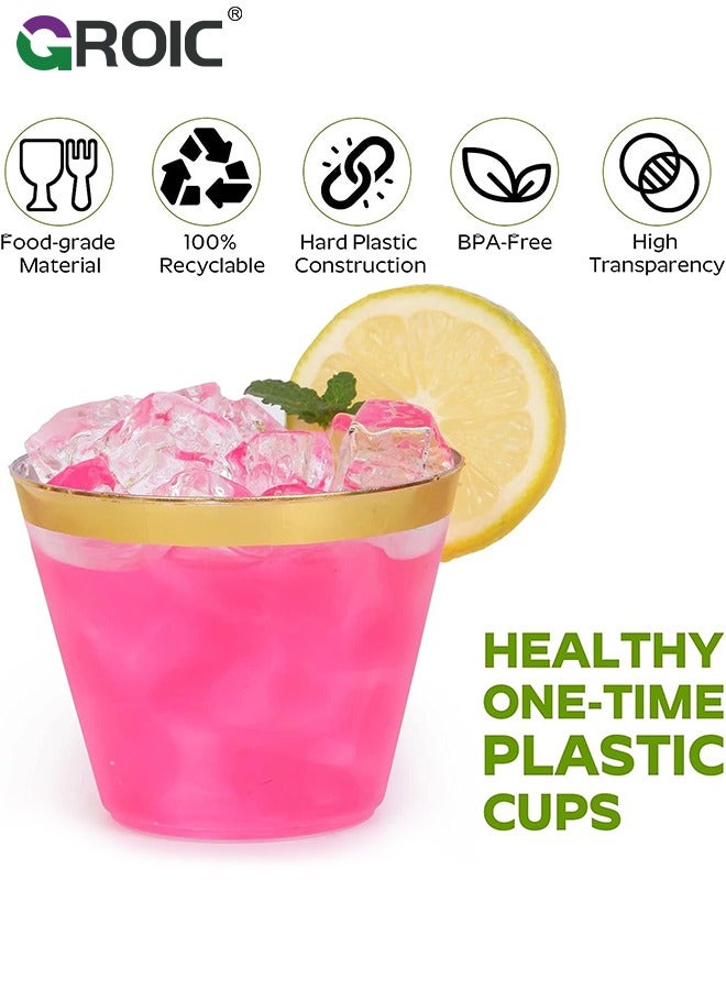 GROIC 25 Pack 9 oz Gold Plastic Cups, Clear Plastic Cups Tumblers, Elegant Gold Rimmed Plastic Cups, Disposable Cups with Gold Rim Perfect for Weddings,Party,Party Supplies  - Image 2