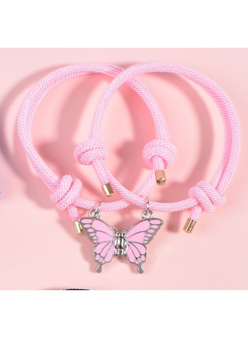 أروى 2 قطعة بفف أساور الصداقة أساور مغناطيسية أفضل الأصدقاء عقد بحلية متدلية على شكل فراشة لطيف تصميم أساور نايلون ، للفتيات النساء الصداقة مجوهرات هدايا للأطفال (الوردي) - Image 2