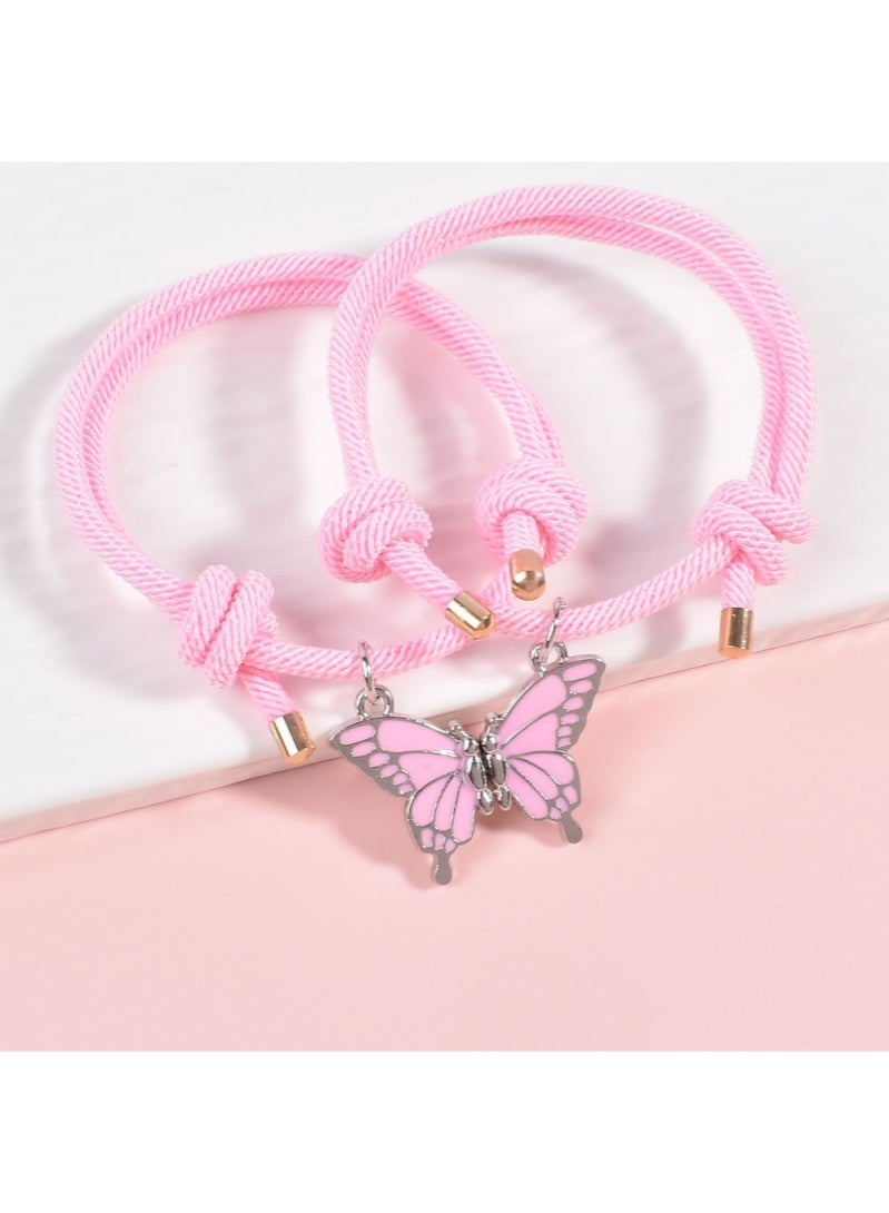 أروى 2 قطعة بفف أساور الصداقة أساور مغناطيسية أفضل الأصدقاء عقد بحلية متدلية على شكل فراشة لطيف تصميم أساور نايلون ، للفتيات النساء الصداقة مجوهرات هدايا للأطفال (الوردي) - Image 1