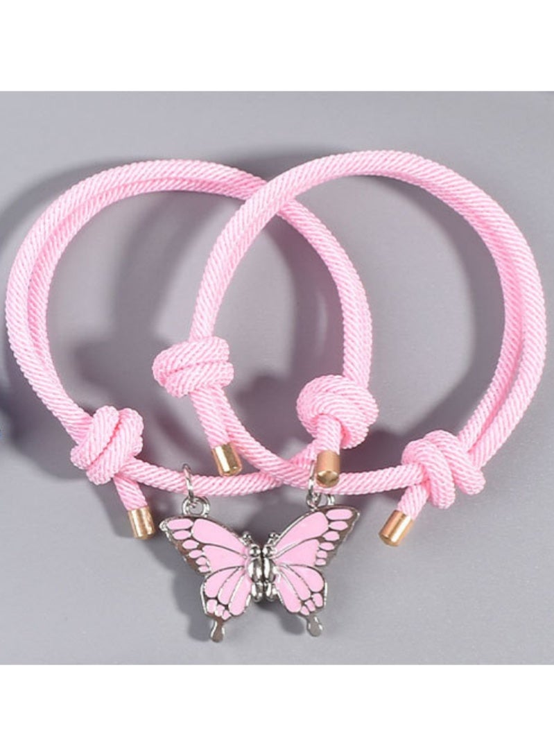 أروى 2 قطعة بفف أساور الصداقة أساور مغناطيسية أفضل الأصدقاء عقد بحلية متدلية على شكل فراشة لطيف تصميم أساور نايلون ، للفتيات النساء الصداقة مجوهرات هدايا للأطفال (الوردي) - Image 3