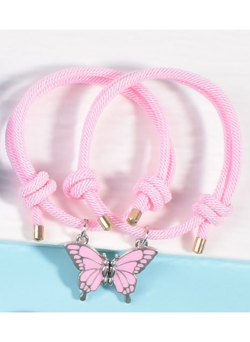 أروى 2 قطعة بفف أساور الصداقة أساور مغناطيسية أفضل الأصدقاء عقد بحلية متدلية على شكل فراشة لطيف تصميم أساور نايلون ، للفتيات النساء الصداقة مجوهرات هدايا للأطفال (الوردي) - Image 4
