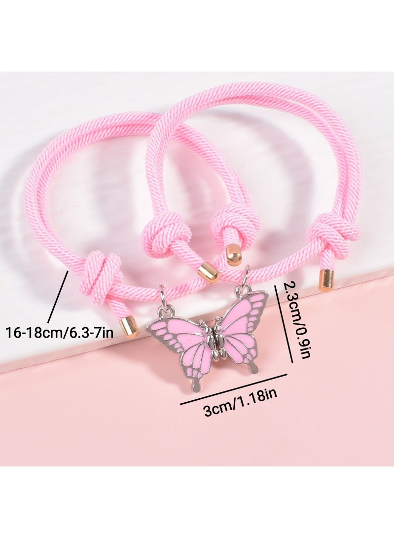 أروى 2 قطعة بفف أساور الصداقة أساور مغناطيسية أفضل الأصدقاء عقد بحلية متدلية على شكل فراشة لطيف تصميم أساور نايلون ، للفتيات النساء الصداقة مجوهرات هدايا للأطفال (الوردي) - Image 5