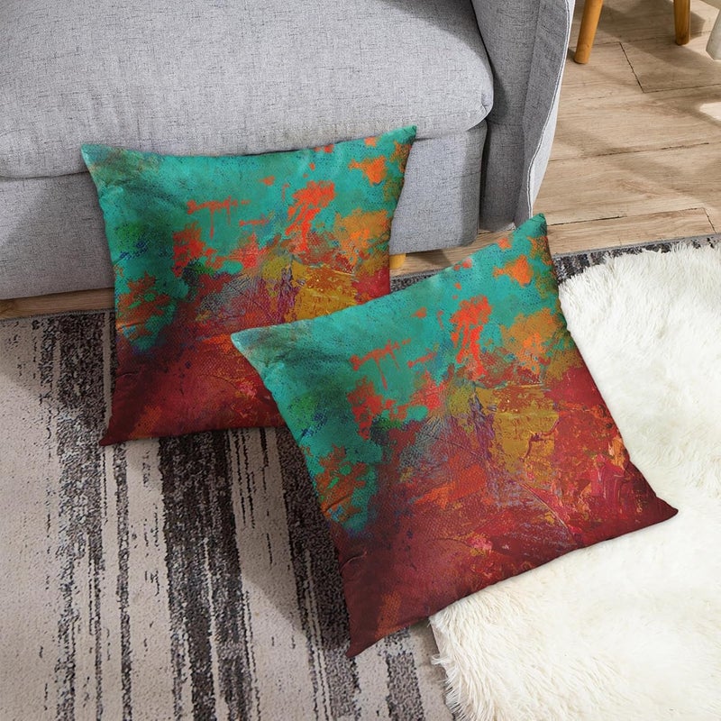 Britimes Throw Pillow Covers Modern Home Art Decor, 16 x 16 Inches Set of 2 Pillow Cases Decorative, Abstract Oil Painting Pillowcases for Bedroom, Living Room, Cushion Couch Sofa, Turquoise Orange - Image 4