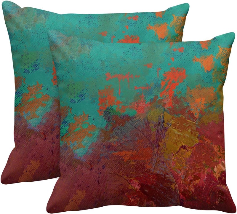 Britimes Throw Pillow Covers Modern Home Art Decor, 16 x 16 Inches Set of 2 Pillow Cases Decorative, Abstract Oil Painting Pillowcases for Bedroom, Living Room, Cushion Couch Sofa, Turquoise Orange - Image 1
