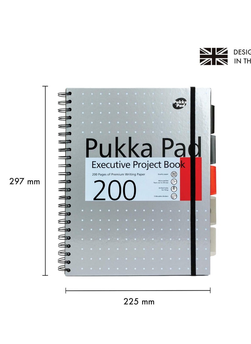 Pukka Pad - Pukka Pad, A4+ Metallic Executive Project Book 1 Pack – 22.5 x 29.6cm – 200 Page Hardback Wirebound Notebook with 8mm Lines and 80GSM Paper – Includes Repositionable Dividers with Pocket - 200 Pages - Image 1
