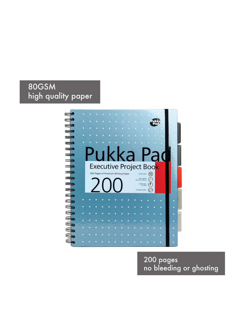 Pukka Pad - Pukka Pad, A4+ Metallic Executive Project Book 1 Pack – 22.5 x 29.6cm – 200 Page Hardback Wirebound Notebook with 8mm Lines and 80GSM Paper – Includes Repositionable Dividers with Pocket - 200 Pages - Image 1