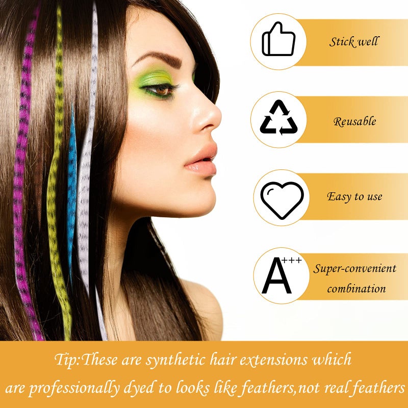 Xinnun 52 Pcs Colored Hair Feathers Extension Kit for Women 13 Colors Long Straight Synthetic Hair Feather 200 Silicone Lined Micro Ring Crochet Hook and Lengthen Remover Plier for Cosplay Party - Image 4