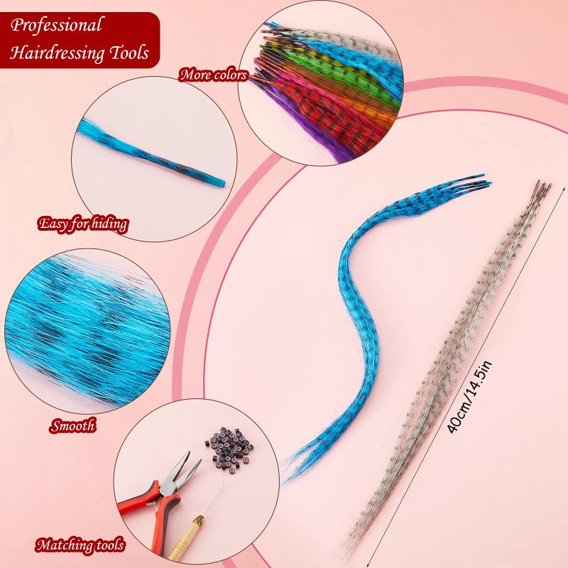Xinnun 52 Pcs Colored Hair Feathers Extension Kit for Women 13 Colors Long Straight Synthetic Hair Feather 200 Silicone Lined Micro Ring Crochet Hook and Lengthen Remover Plier for Cosplay Party - Image 2