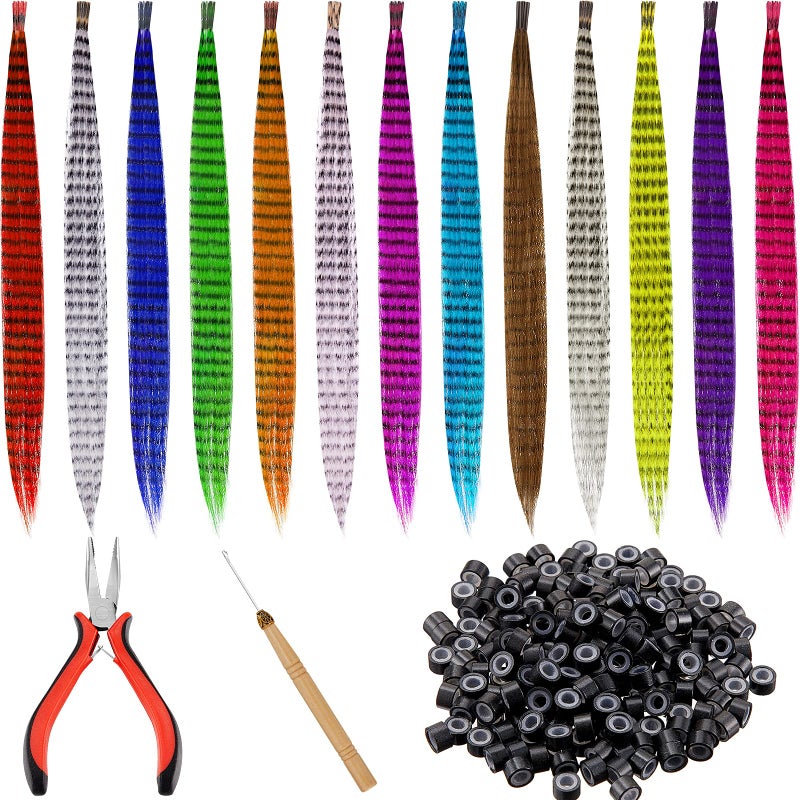 Xinnun 52 Pcs Colored Hair Feathers Extension Kit for Women 13 Colors Long Straight Synthetic Hair Feather 200 Silicone Lined Micro Ring Crochet Hook and Lengthen Remover Plier for Cosplay Party - Image 1