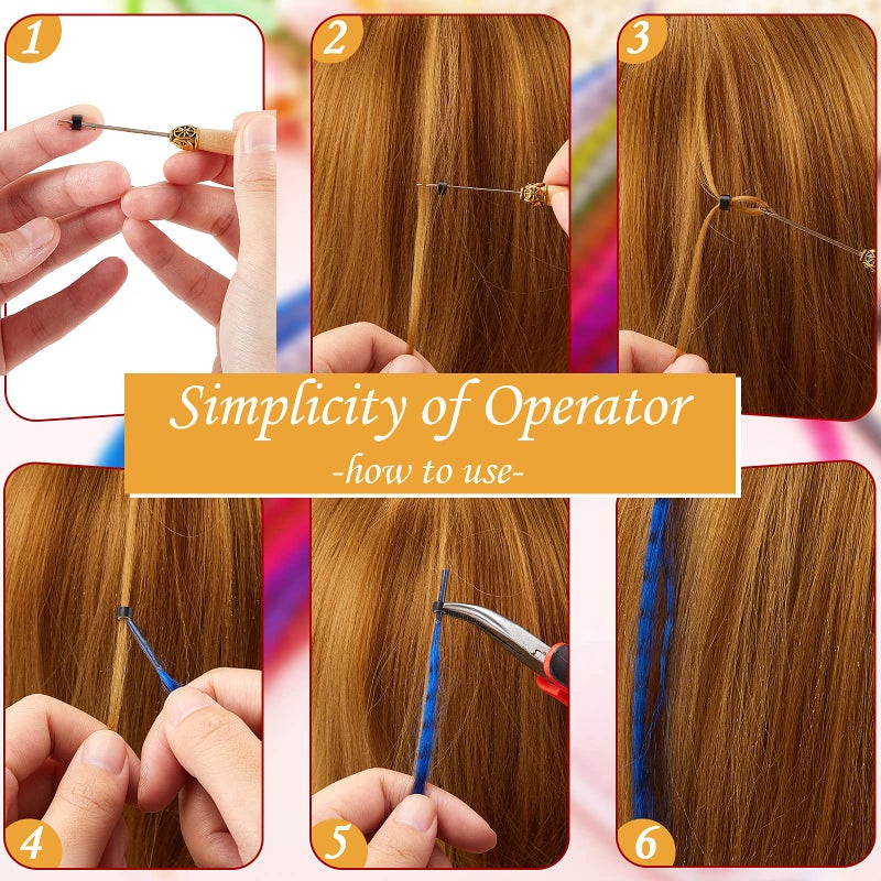 Xinnun 52 Pcs Colored Hair Feathers Extension Kit for Women 13 Colors Long Straight Synthetic Hair Feather 200 Silicone Lined Micro Ring Crochet Hook and Lengthen Remover Plier for Cosplay Party - Image 5