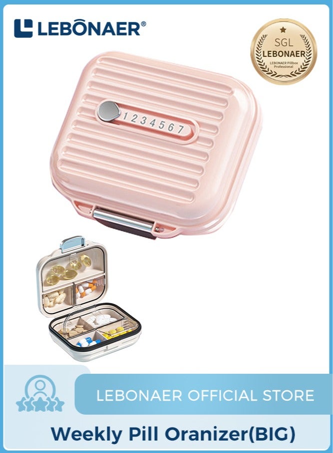 لبونير منظم أقراص للسفر، علبة أقراص محمولة لحفظ الأقراص لمدة 7 أيام علبة أقراص مضادة للرطوبة وحافظة فيتامينات يومية مضادة للرطوبة للفيتامينات والمكملات الغذائية ومتعقب الأدوية (وردي صغير) - Image 1