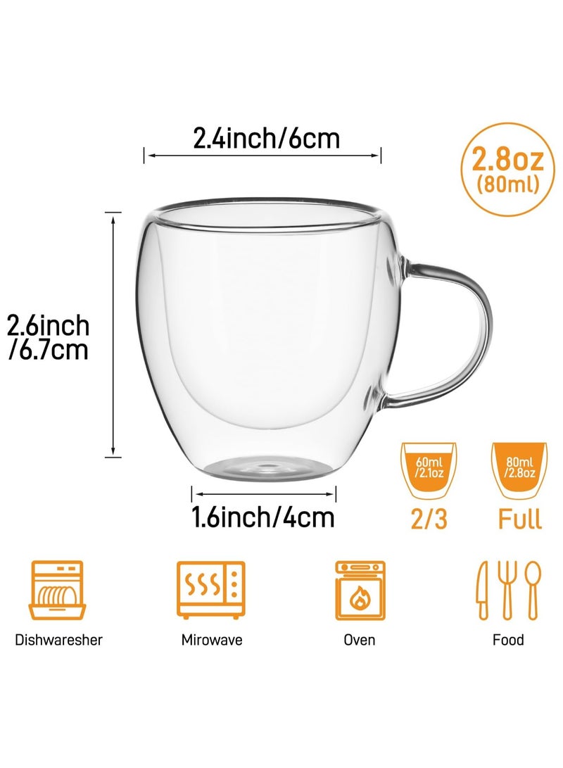 4 Pack Espresso Cups, 80ml Espresso Coffee Cup with Handles, Double Walled Coffee Mug, Insulated Glass Coffee Cups  - Image 2