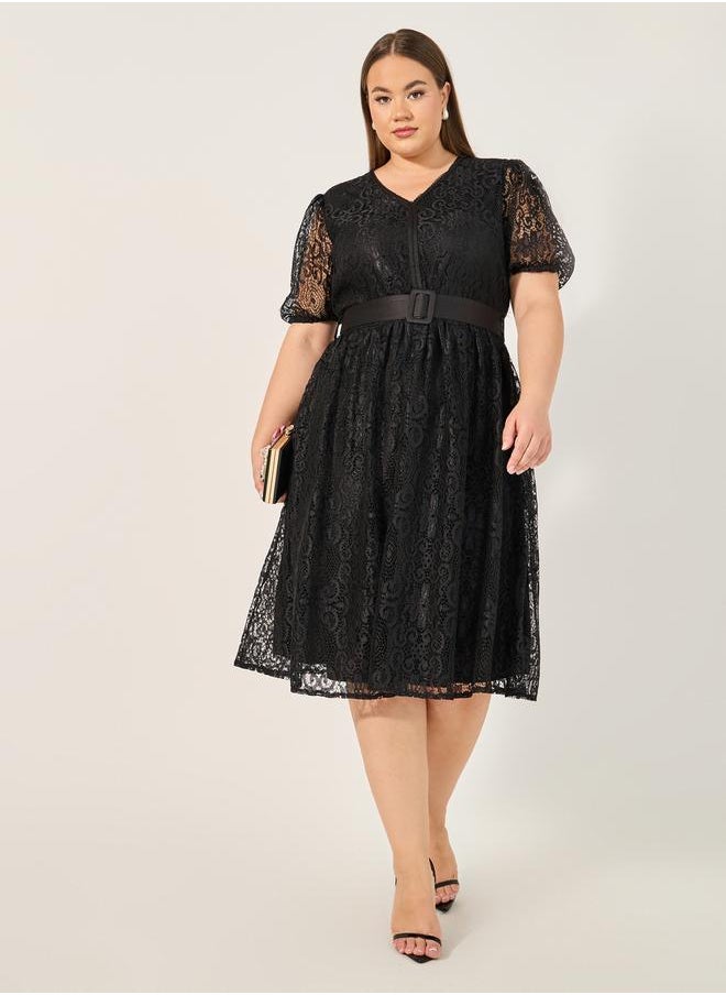 Styli - Plus Size Lace Puff Sleeve Belted Midi Dress - Image 1